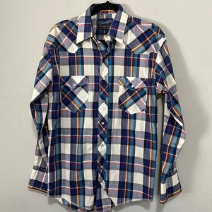 Wrangler x-long tails plaid pearl snap button down 15 1/2 - 34